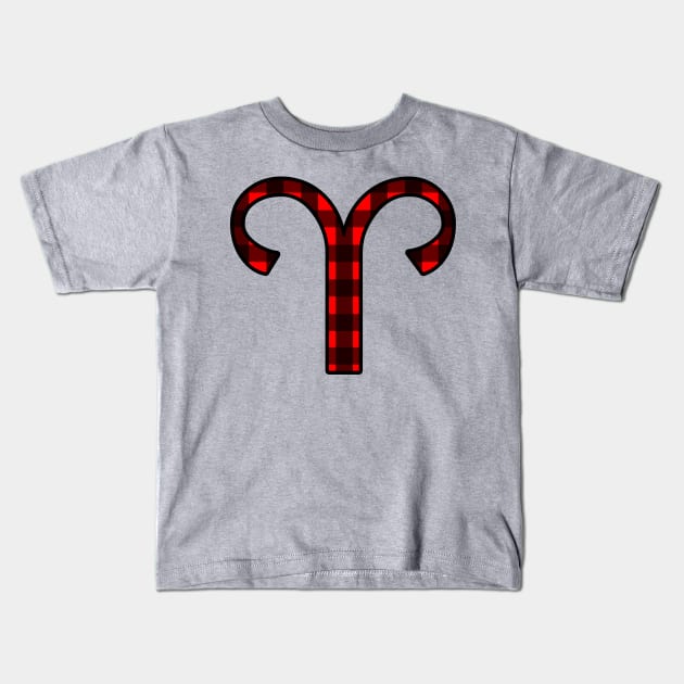 Aries Zodiac Horoscope Symbol in Black and Red Buffalo Plaid Kids T-Shirt by bumblefuzzies